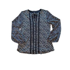 White House Black Market Womens Large Geometric Lace Blouse With Sheer Sleeves L